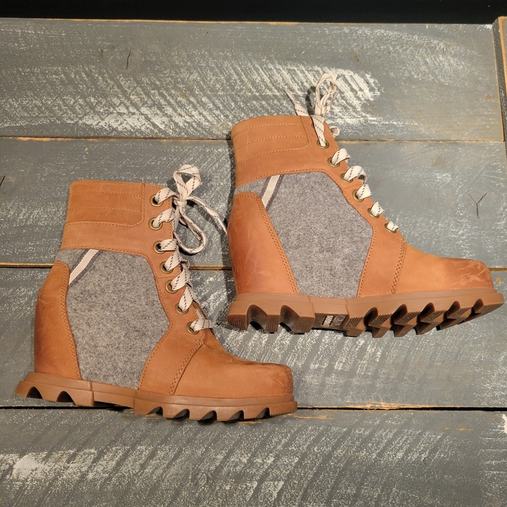 SOREL Joan of Arctic Wedge III Lexie Boots Women 7 Brown Leather Felt Waterproof - Picture 7 of 8